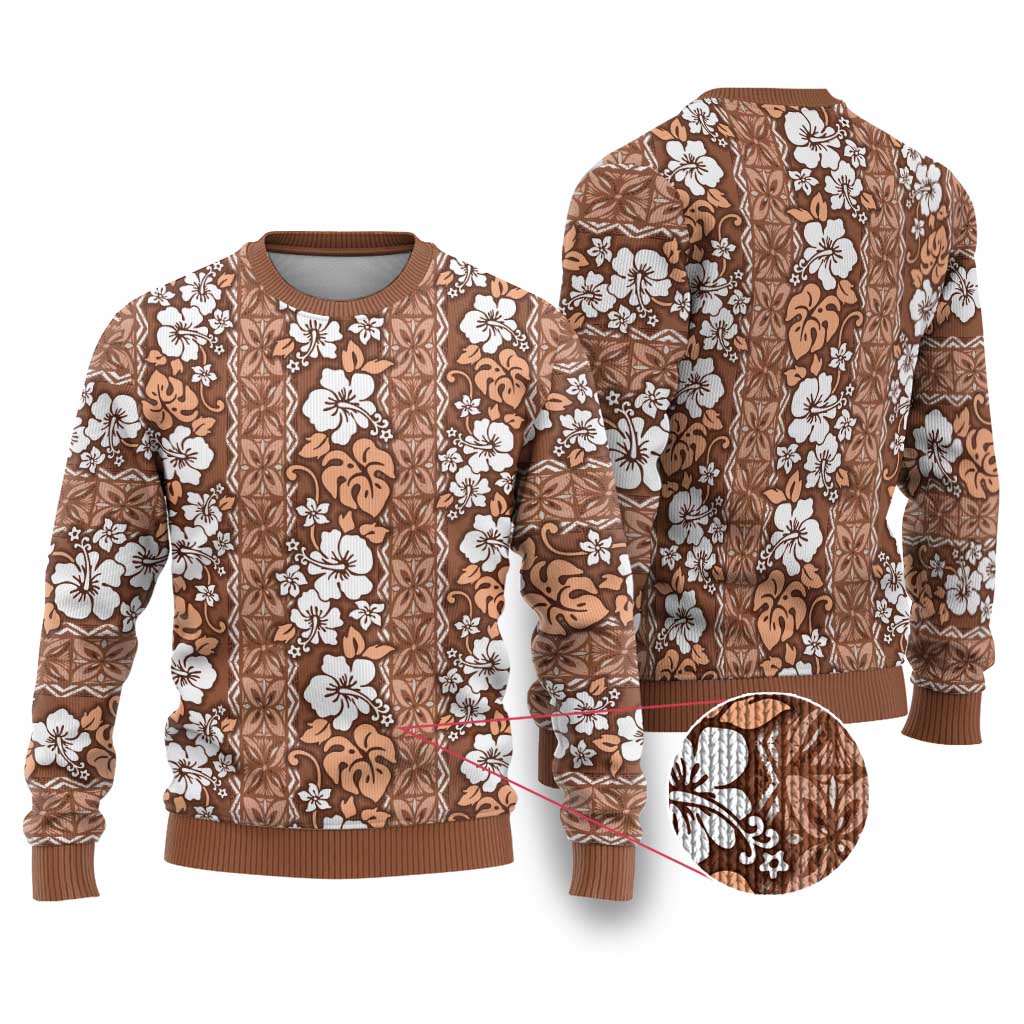 Hawaii Vintage Brown Hibiscus Tapa Pattern Ugly Christmas Sweater