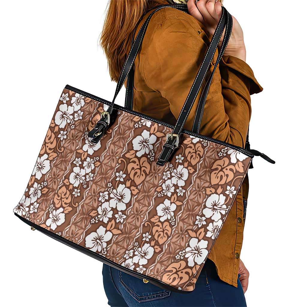Hawaii Vintage Brown Hibiscus Tapa Pattern Leather Tote Bag