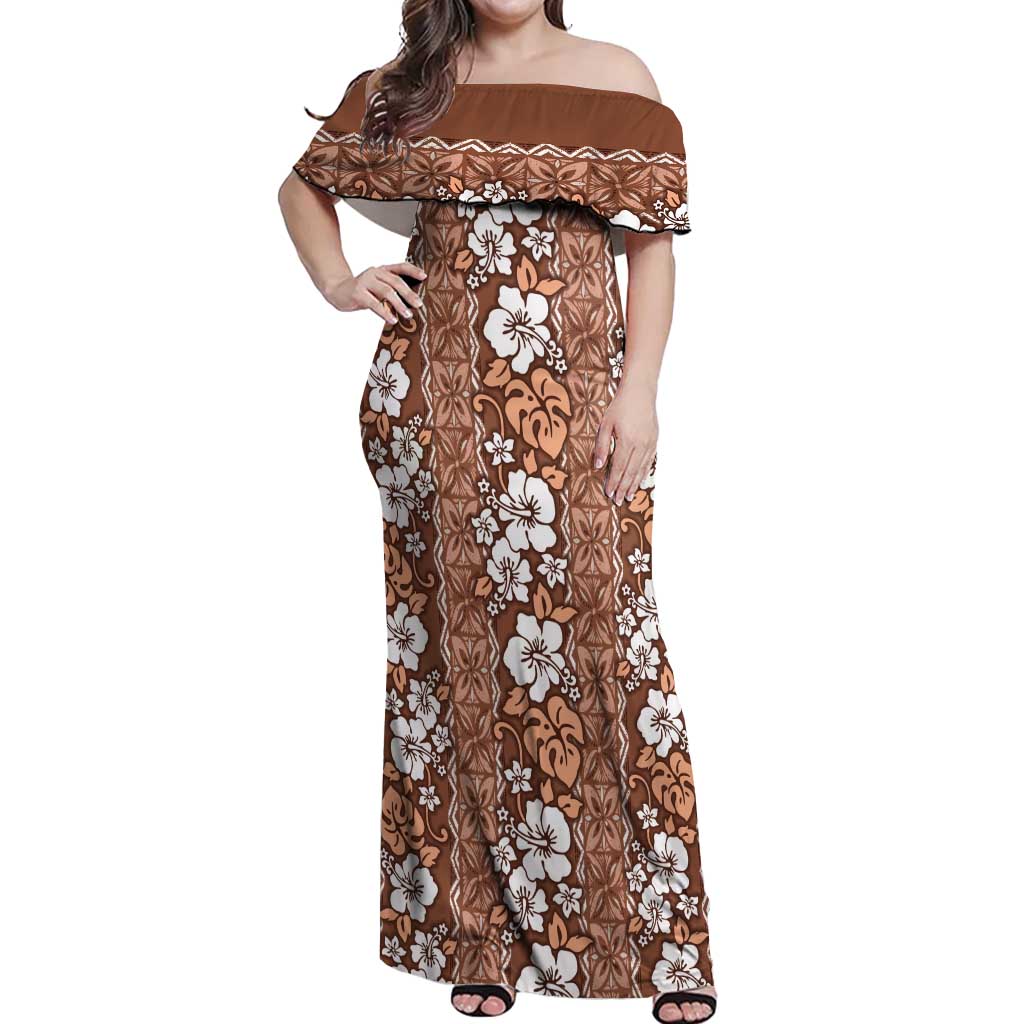 Hawaii Vintage Brown Hibiscus Tapa Pattern Off Shoulder Maxi Dress