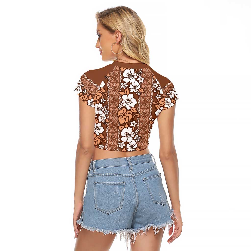 Hawaii Vintage Brown Hibiscus Tapa Pattern Raglan Cropped T Shirt LT05 - Polynesian Pride