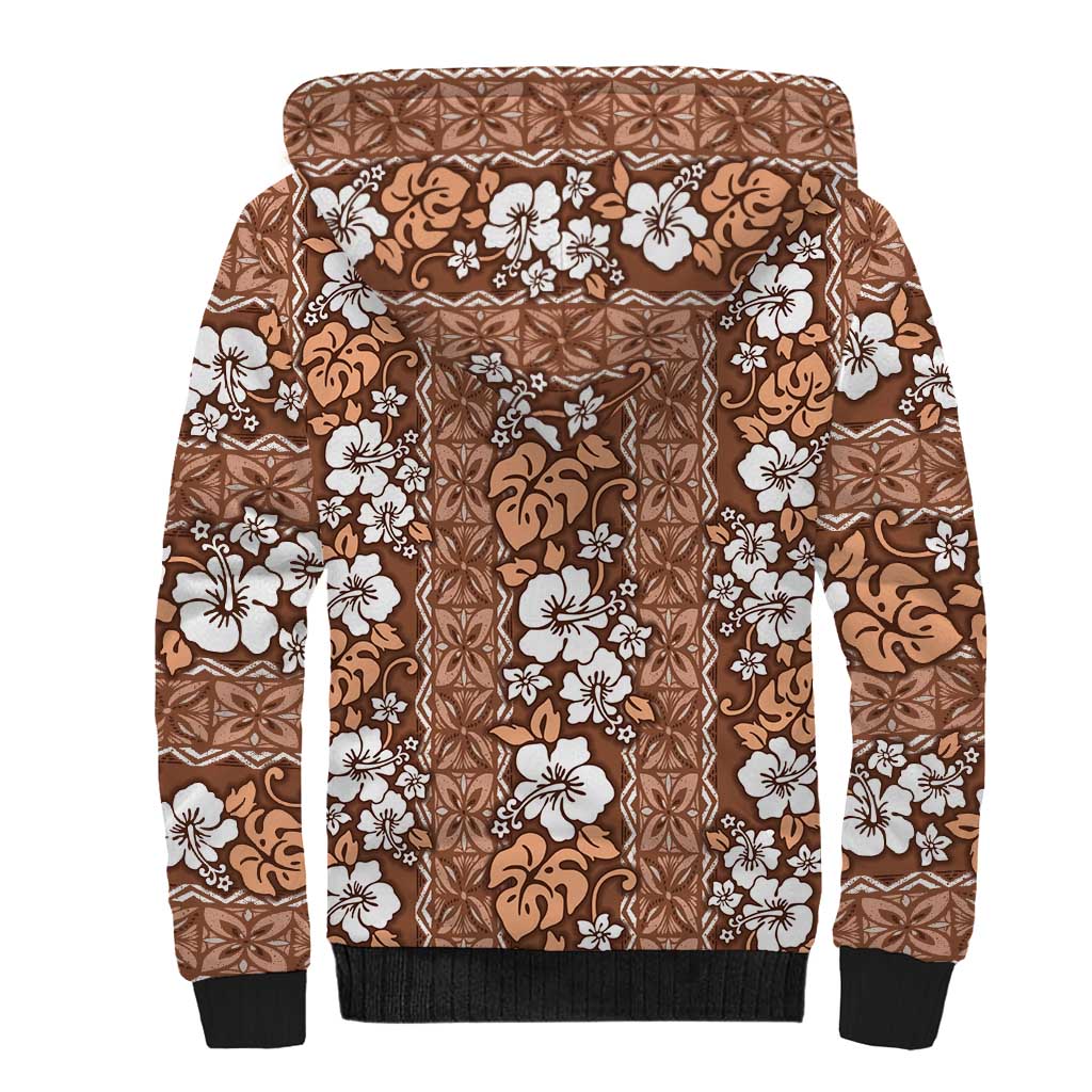 Hawaii Vintage Brown Hibiscus Tapa Pattern Sherpa Hoodie