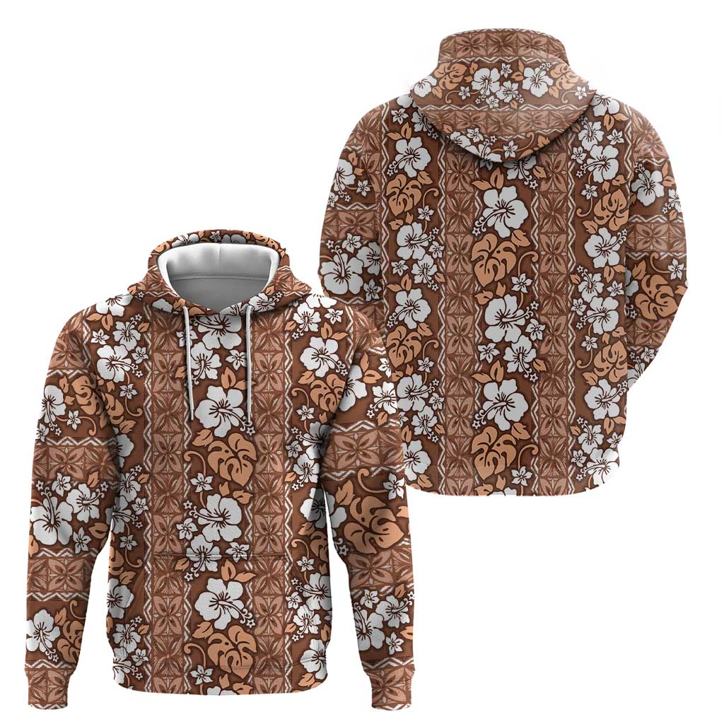 Hawaii Vintage Brown Hibiscus Tapa Pattern Zip Hoodie