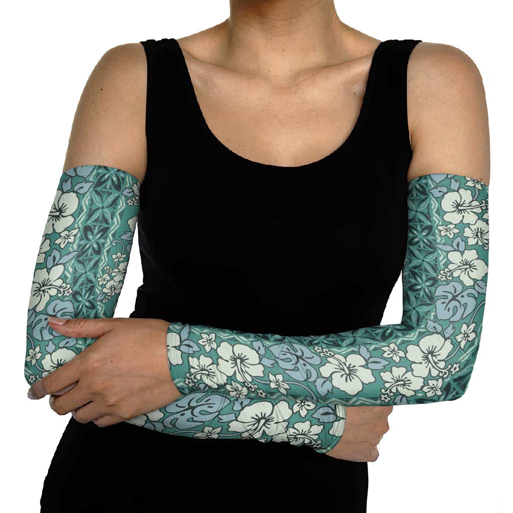 Hawaii Vintage Green Hibiscus Tapa Pattern Arm Sleeves - Polynesian Pride