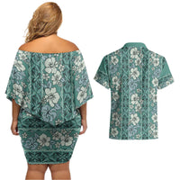 Hawaii Vintage Green Hibiscus Tapa Pattern Couples Matching Off Shoulder Short Dress and Hawaiian Shirt