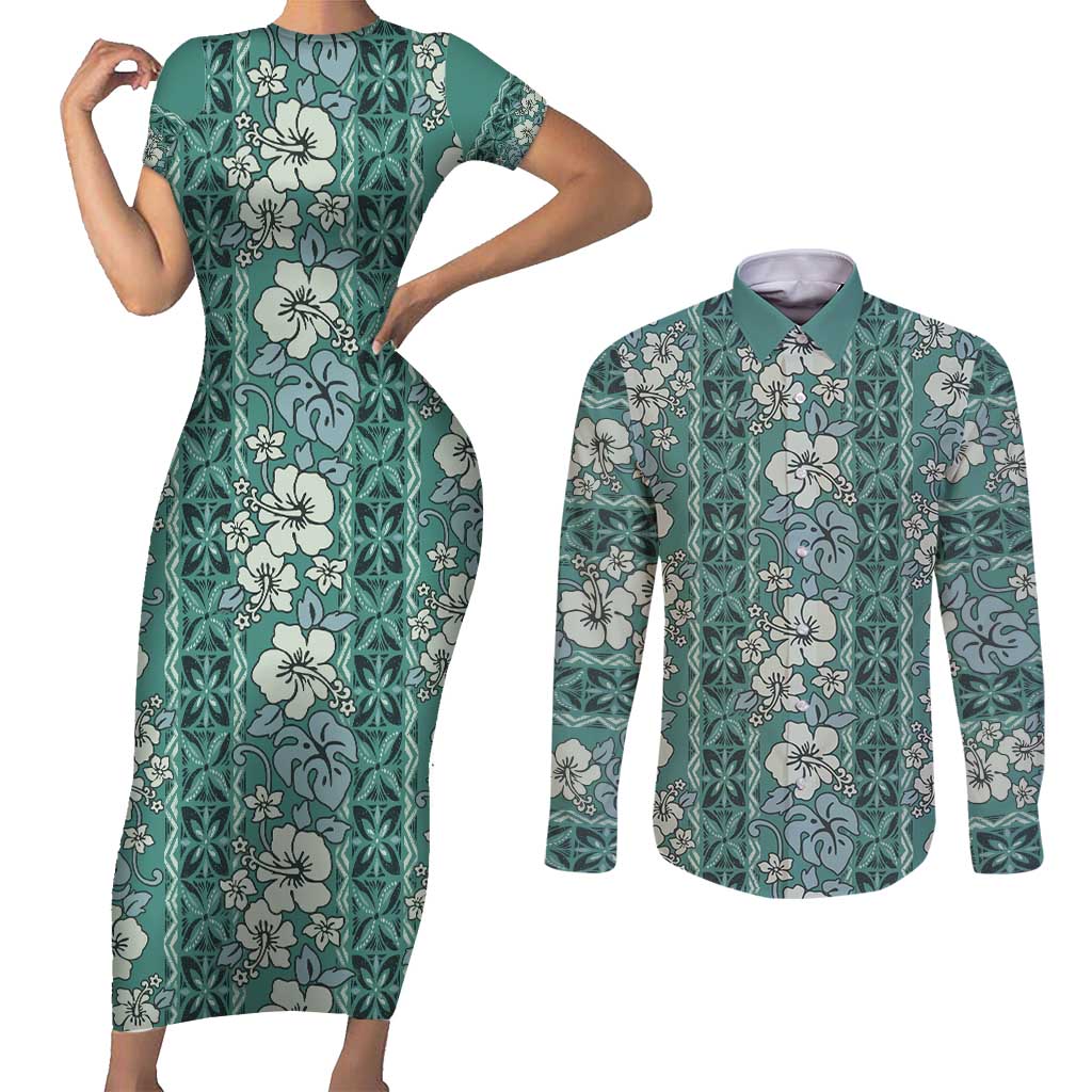 Hawaii Vintage Green Hibiscus Tapa Pattern Couples Matching Short Sleeve Bodycon Dress and Long Sleeve Button Shirt