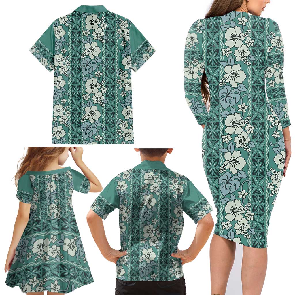 Hawaii Vintage Green Hibiscus Tapa Pattern Family Matching Long Sleeve Bodycon Dress and Hawaiian Shirt