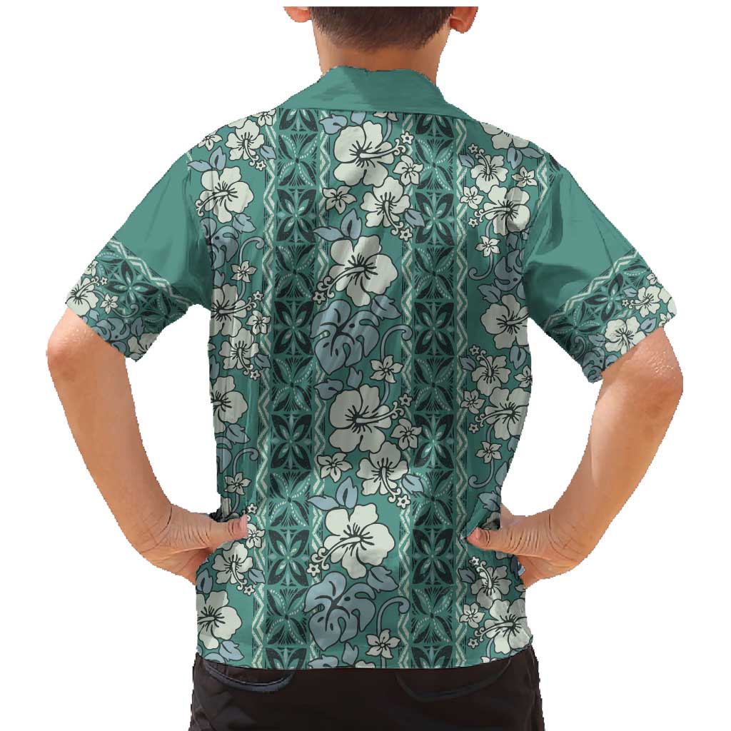 Hawaii Vintage Green Hibiscus Tapa Pattern Family Matching Mermaid Dress and Hawaiian Shirt