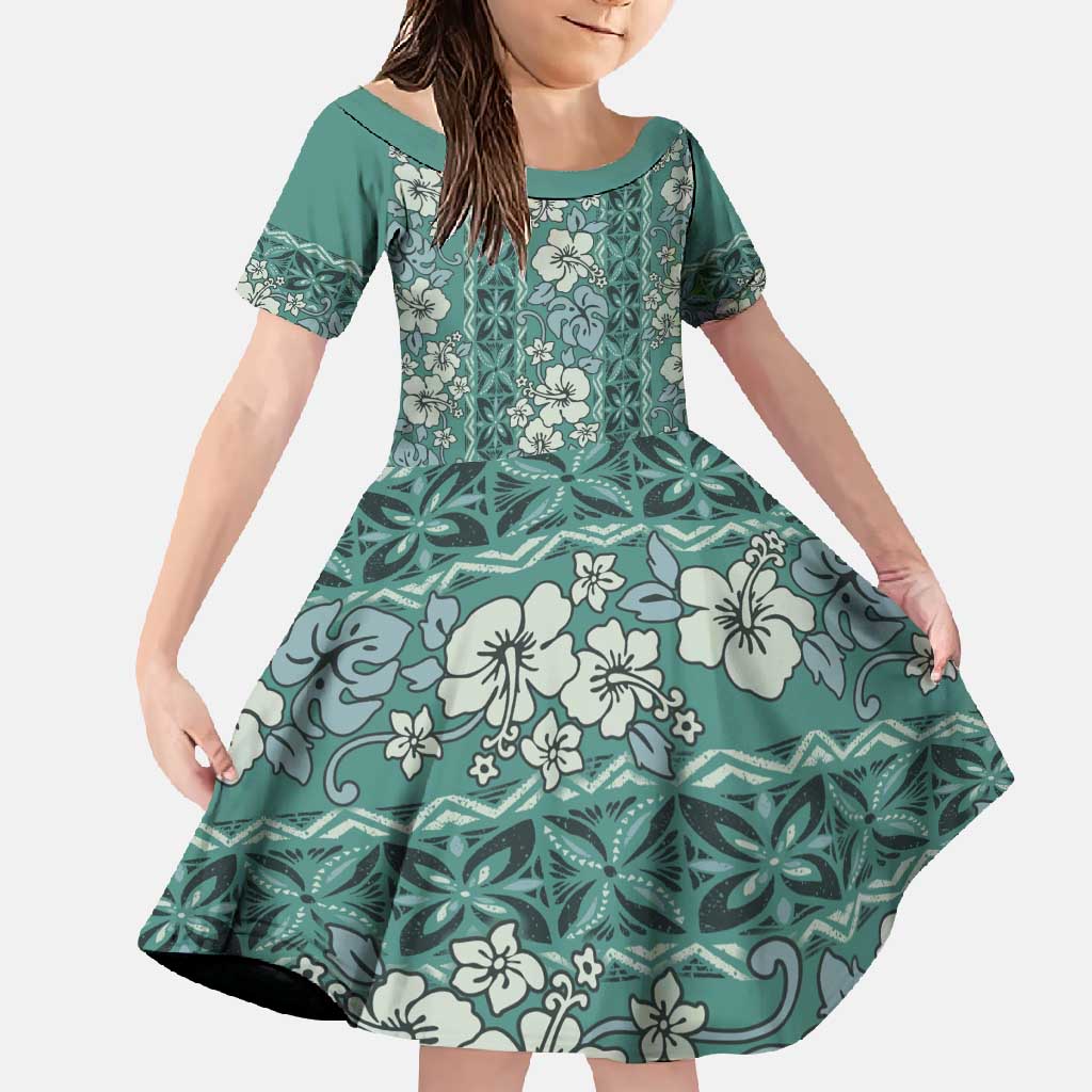 Hawaii Vintage Green Hibiscus Tapa Pattern Family Matching Mermaid Dress and Hawaiian Shirt