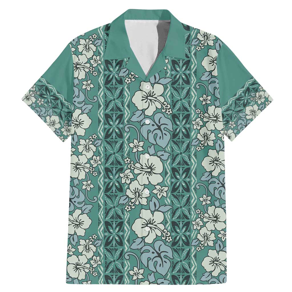 Hawaii Vintage Green Hibiscus Tapa Pattern Family Matching Mermaid Dress and Hawaiian Shirt