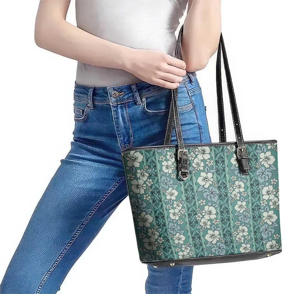 Hawaii Vintage Green Hibiscus Tapa Pattern Leather Tote Bag