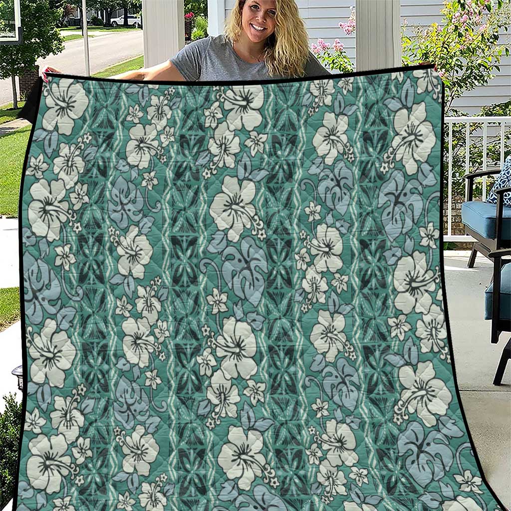 Hawaii Vintage Green Hibiscus Tapa Pattern Quilt