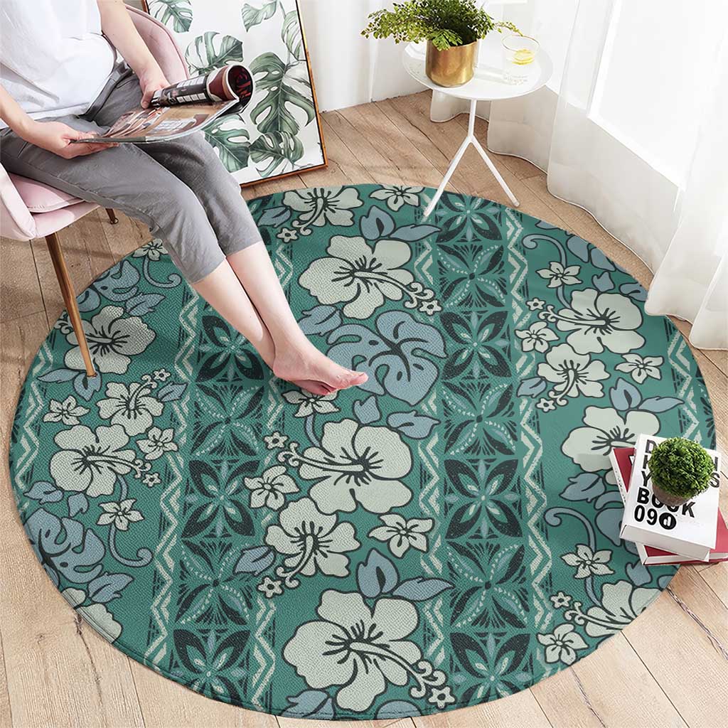 Hawaii Vintage Green Hibiscus Tapa Pattern Round Carpet LT05 - Polynesian Pride