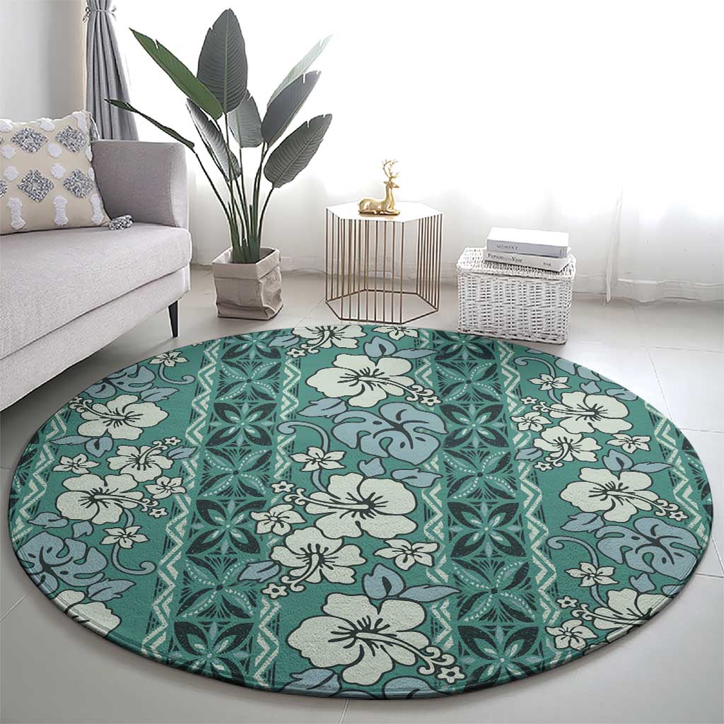 Hawaii Vintage Green Hibiscus Tapa Pattern Round Carpet LT05 - Polynesian Pride