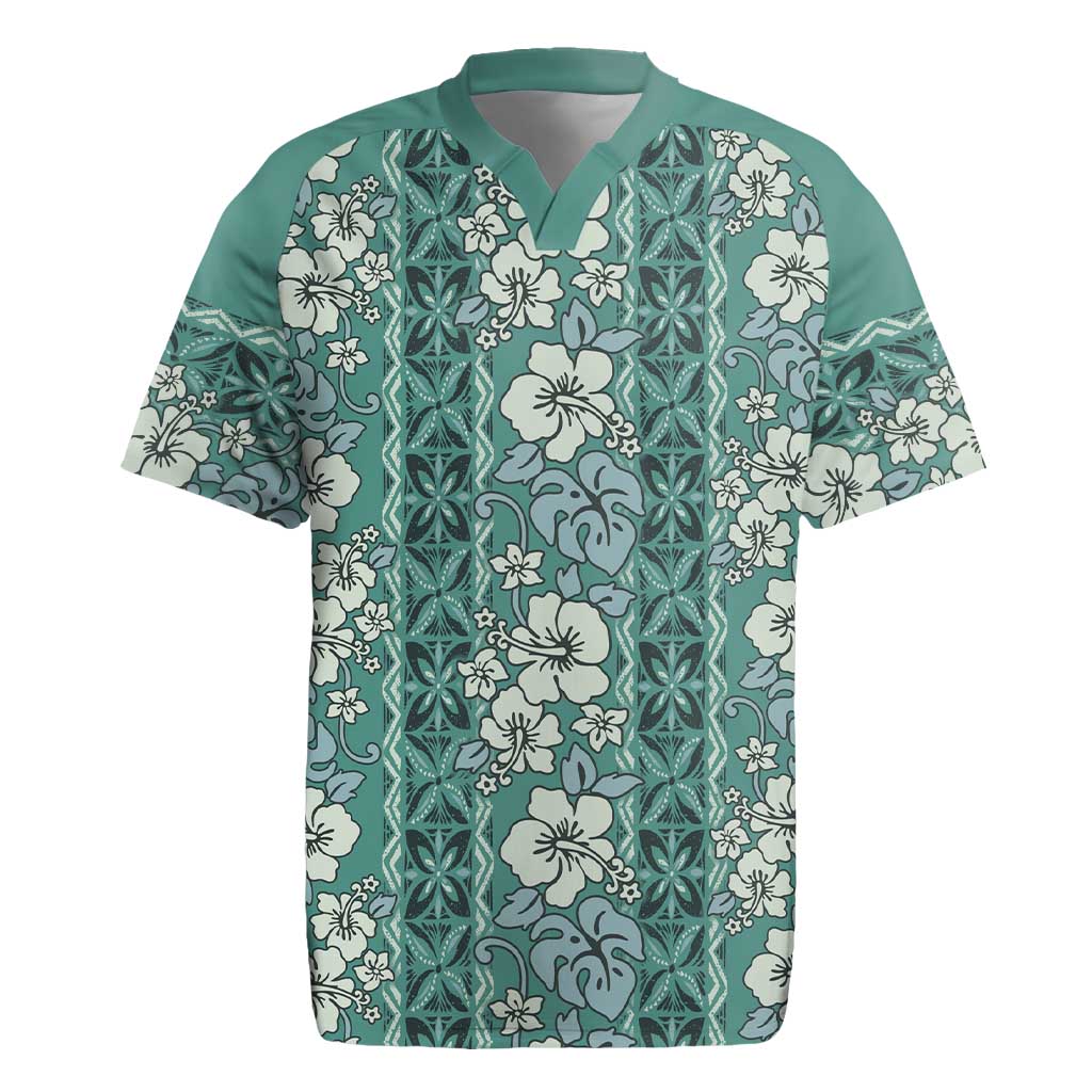 Hawaii Vintage Green Hibiscus Tapa Pattern Rugby Jersey