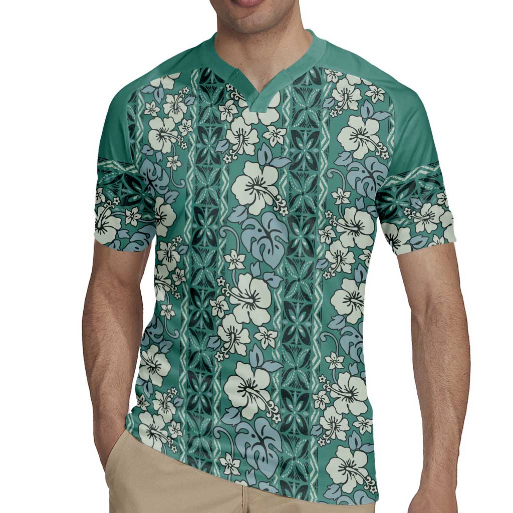 Hawaii Vintage Green Hibiscus Tapa Pattern Rugby Jersey
