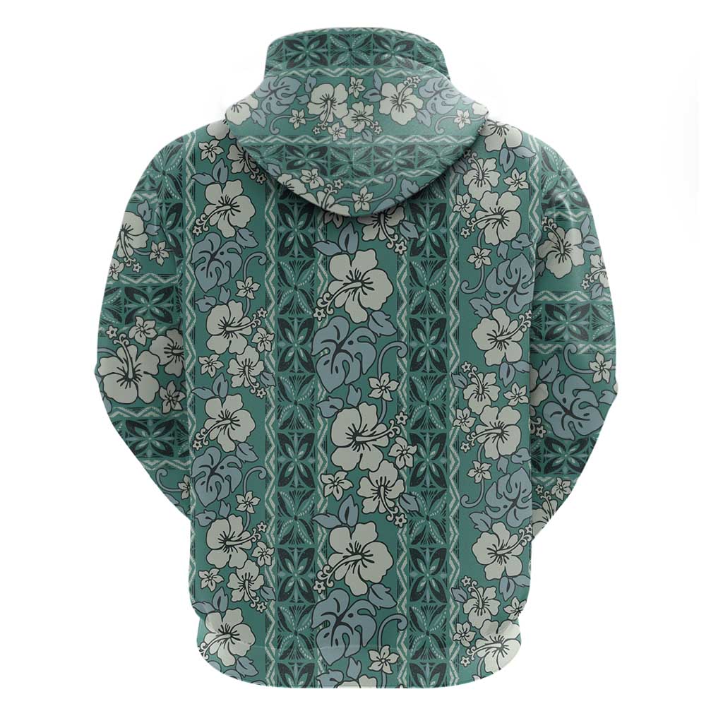 Hawaii Vintage Green Hibiscus Tapa Pattern Zip Hoodie