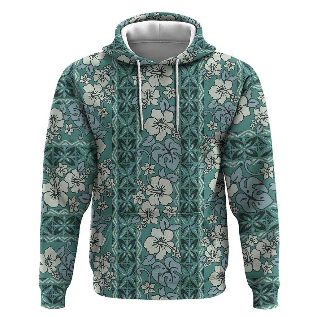Hawaii Vintage Green Hibiscus Tapa Pattern Zip Hoodie