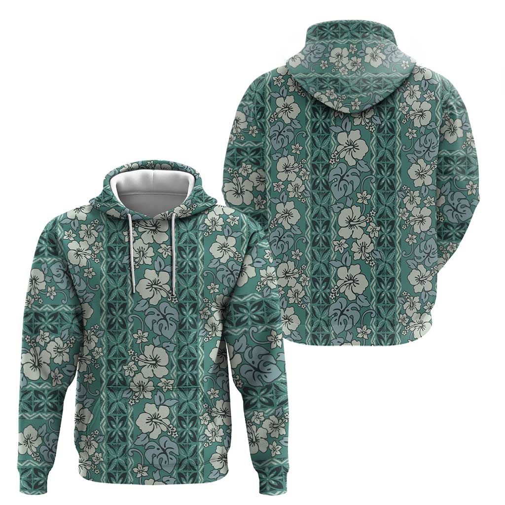 Hawaii Vintage Green Hibiscus Tapa Pattern Zip Hoodie