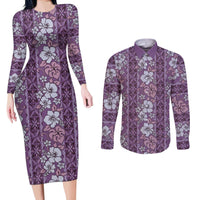 Hawaii Vintage Violet Hibiscus Tapa Pattern Couples Matching Long Sleeve Bodycon Dress and Long Sleeve Button Shirt