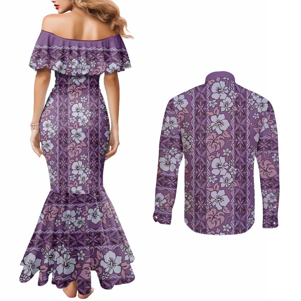 Hawaii Vintage Violet Hibiscus Tapa Pattern Couples Matching Mermaid Dress and Long Sleeve Button Shirt