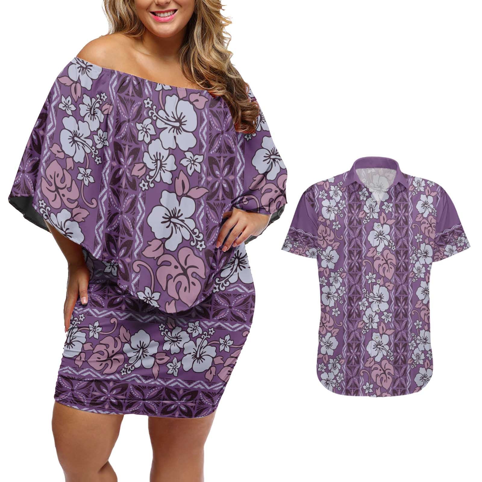 Hawaii Vintage Violet Hibiscus Tapa Pattern Couples Matching Off Shoulder Short Dress and Hawaiian Shirt