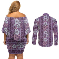 Hawaii Vintage Violet Hibiscus Tapa Pattern Couples Matching Off Shoulder Short Dress and Long Sleeve Button Shirt