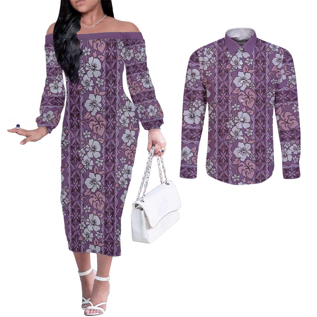 Hawaii Vintage Violet Hibiscus Tapa Pattern Couples Matching Off The Shoulder Long Sleeve Dress and Long Sleeve Button Shirt