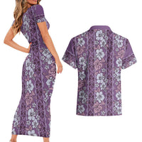 Hawaii Vintage Violet Hibiscus Tapa Pattern Couples Matching Short Sleeve Bodycon Dress and Hawaiian Shirt