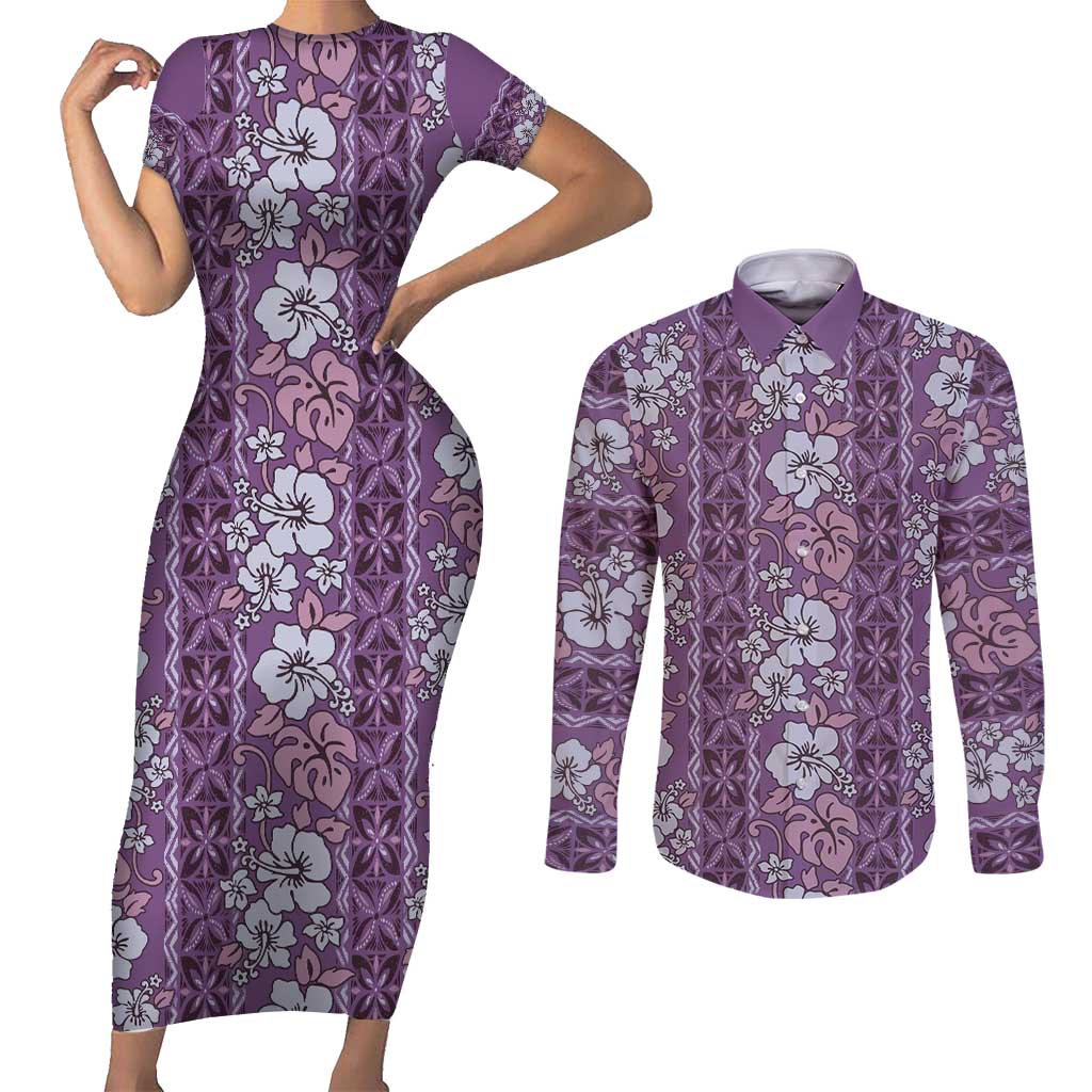 Hawaii Vintage Violet Hibiscus Tapa Pattern Couples Matching Short Sleeve Bodycon Dress and Long Sleeve Button Shirt