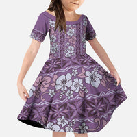 Hawaii Vintage Violet Hibiscus Tapa Pattern Family Matching Summer Maxi Dress and Hawaiian Shirt