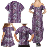 Hawaii Vintage Violet Hibiscus Tapa Pattern Family Matching Summer Maxi Dress and Hawaiian Shirt