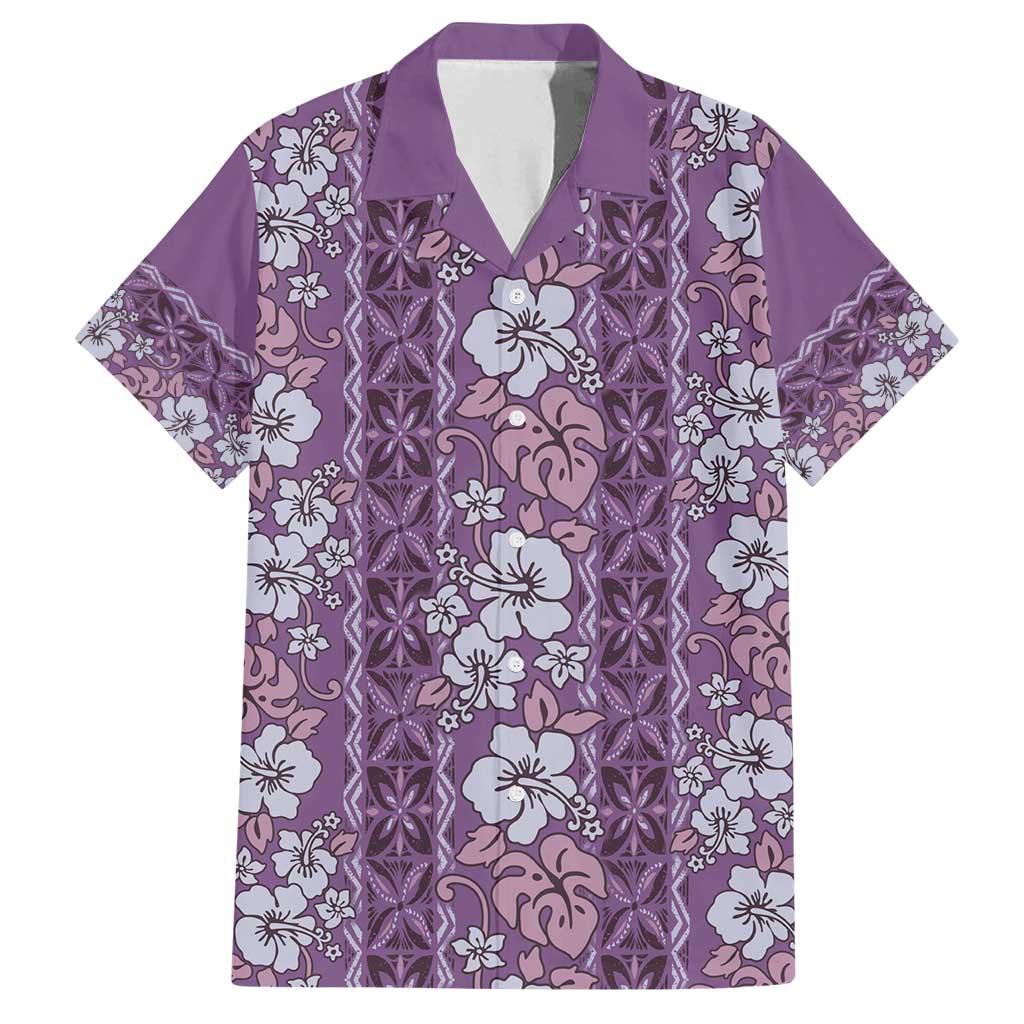 Hawaii Vintage Violet Hibiscus Tapa Pattern Family Matching Summer Maxi Dress and Hawaiian Shirt