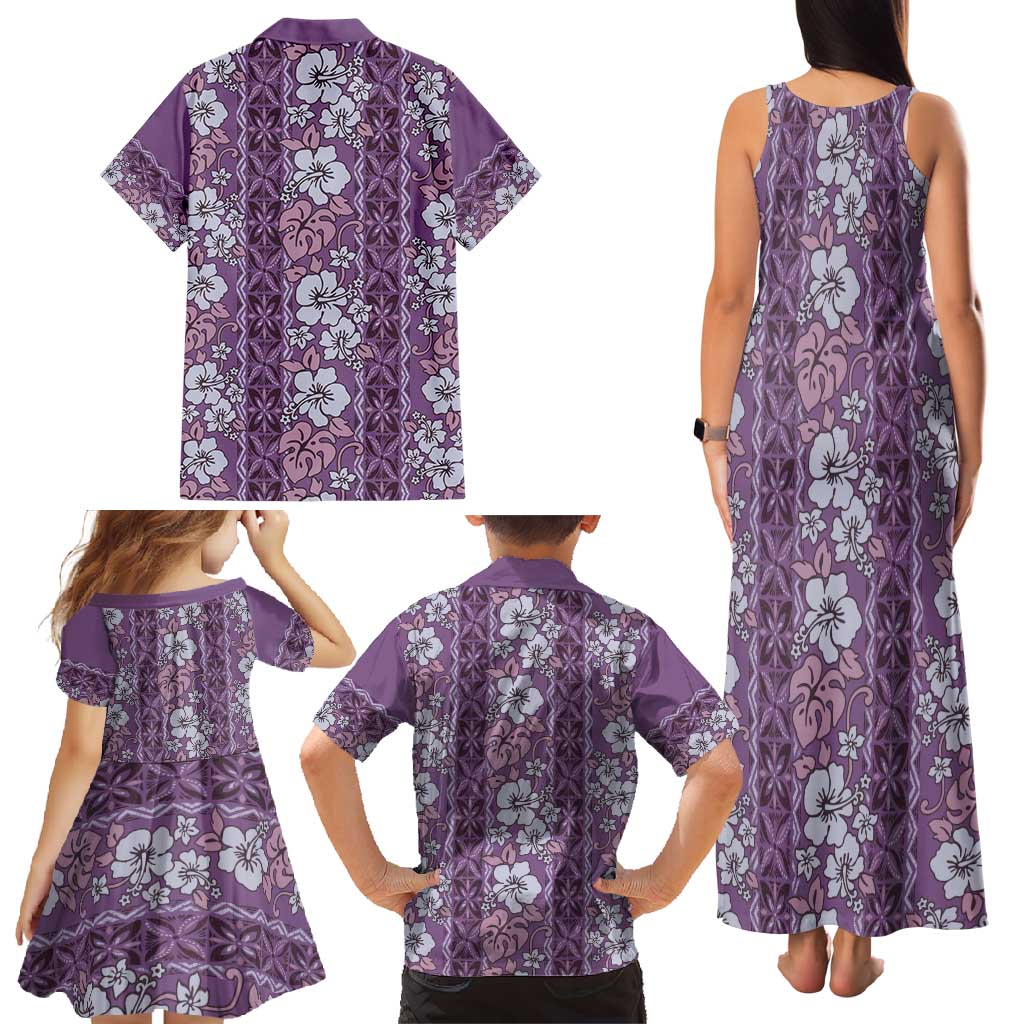 Hawaii Vintage Violet Hibiscus Tapa Pattern Family Matching Tank Maxi Dress and Hawaiian Shirt