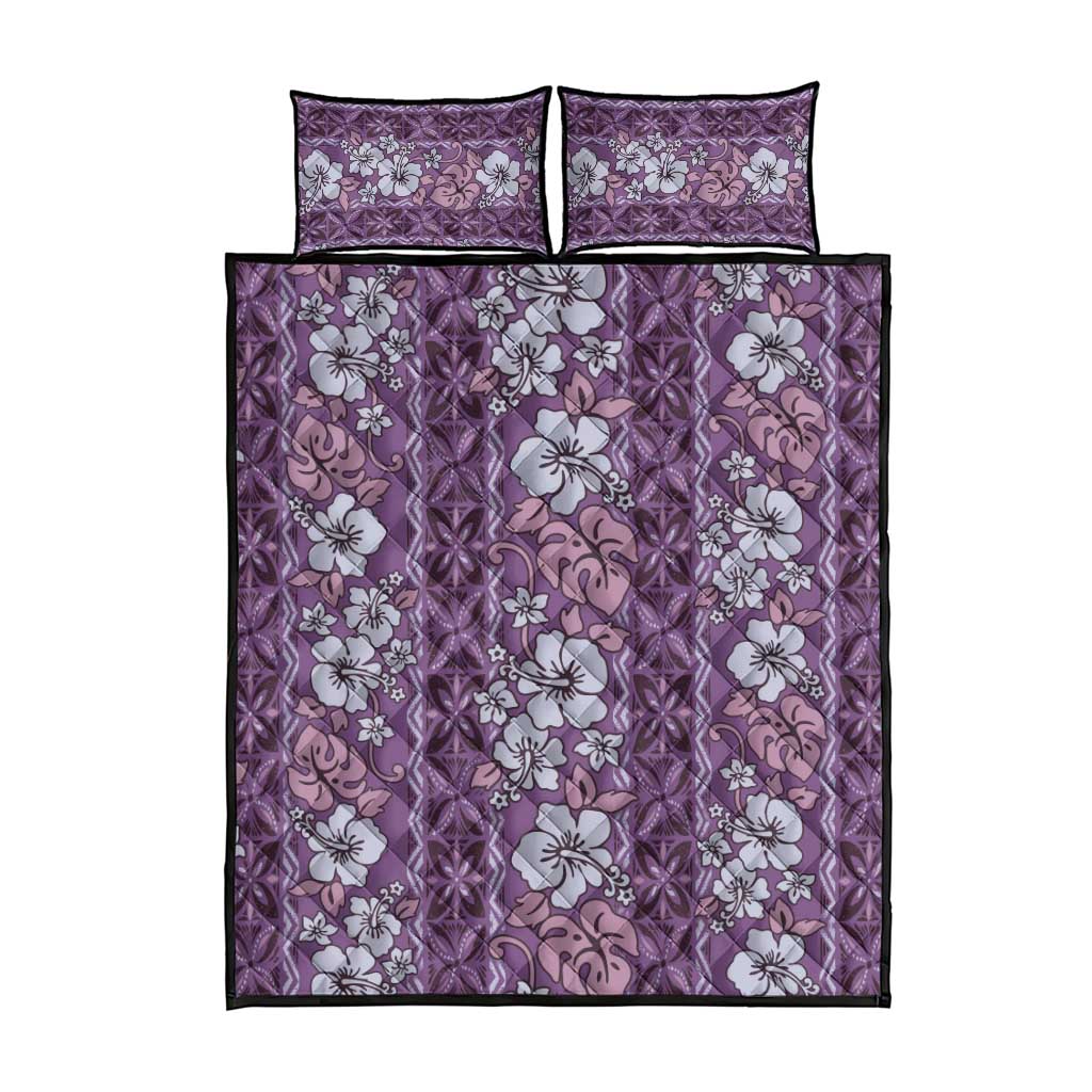 Hawaii Vintage Violet Hibiscus Tapa Pattern Quilt Bed Set