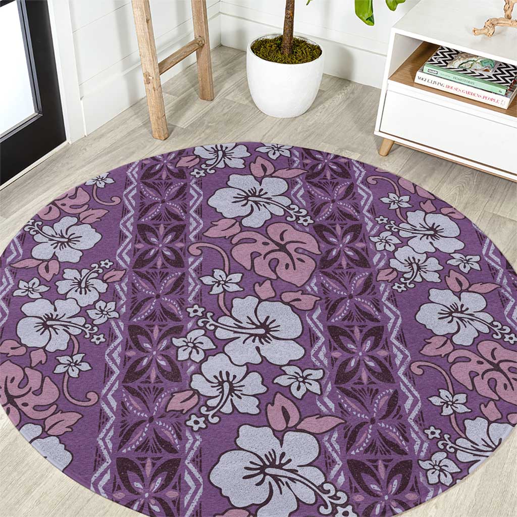Hawaii Vintage Violet Hibiscus Tapa Pattern Round Carpet LT05 Violet - Polynesian Pride