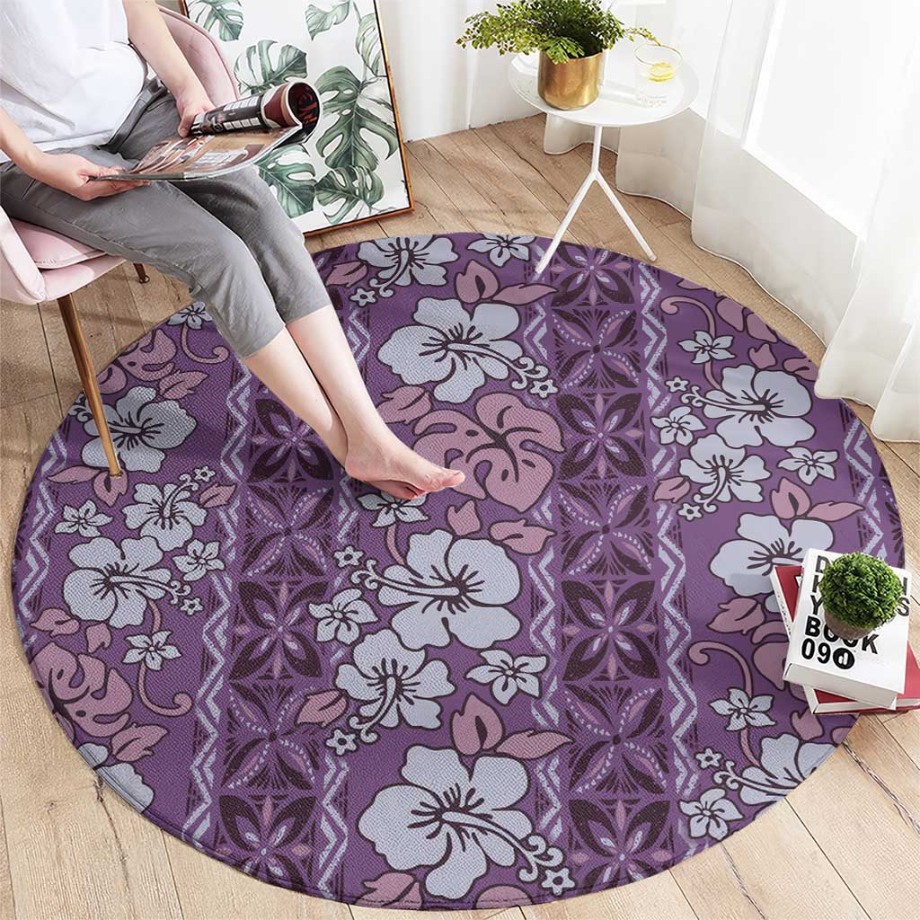 Hawaii Vintage Violet Hibiscus Tapa Pattern Round Carpet LT05 - Polynesian Pride