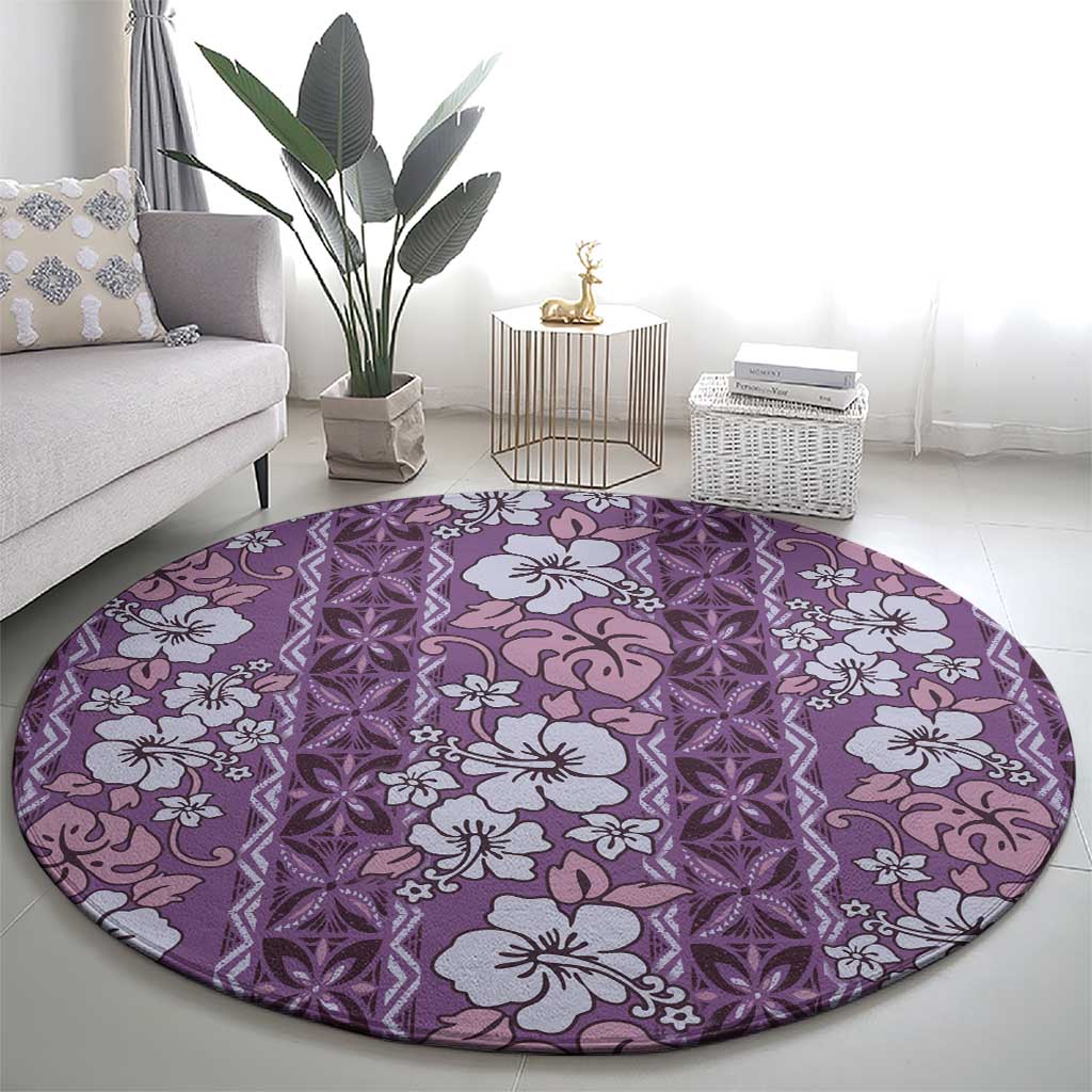 Hawaii Vintage Violet Hibiscus Tapa Pattern Round Carpet LT05 - Polynesian Pride