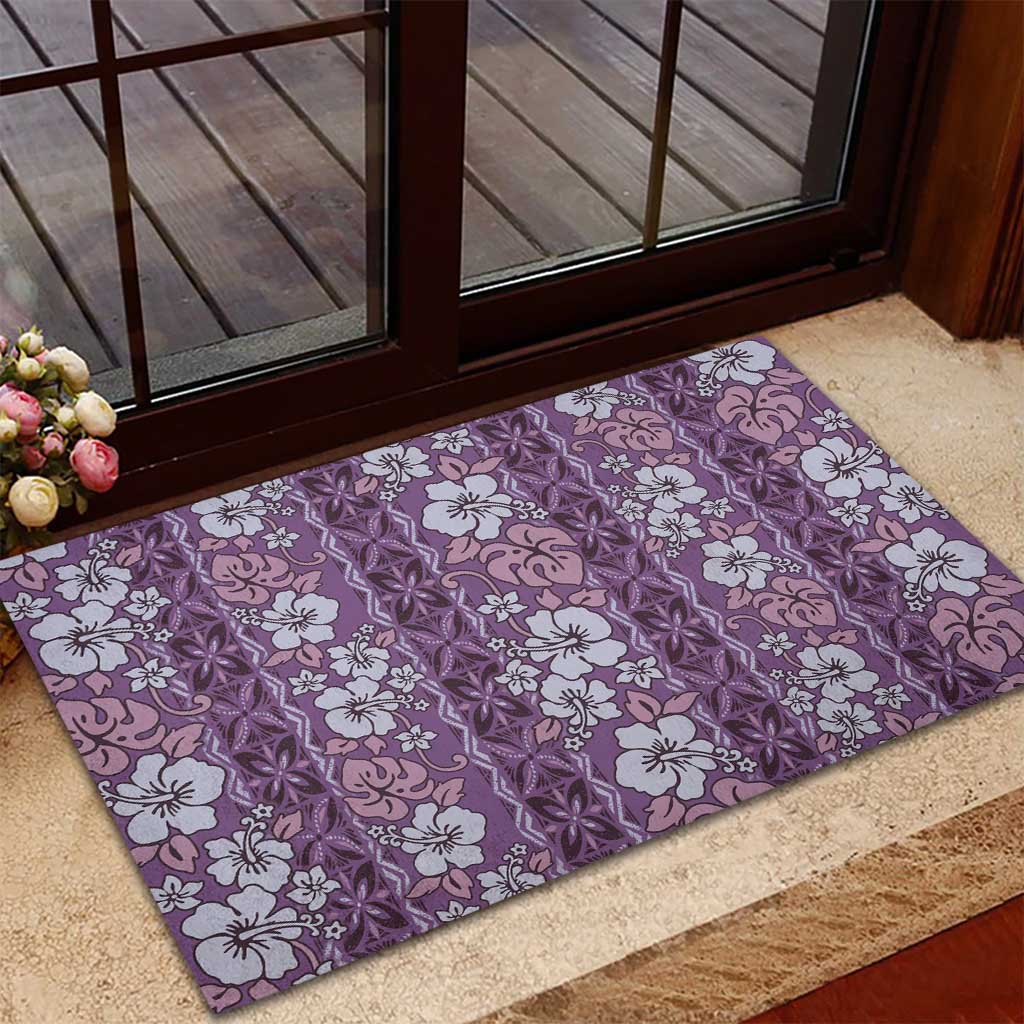 Hawaii Vintage Violet Hibiscus Tapa Pattern Rubber Doormat