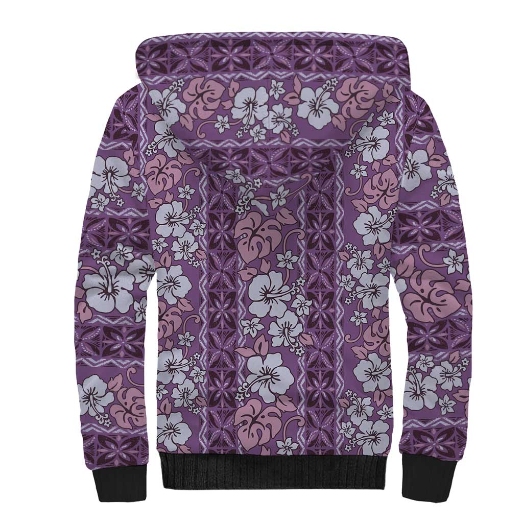 Hawaii Vintage Violet Hibiscus Tapa Pattern Sherpa Hoodie