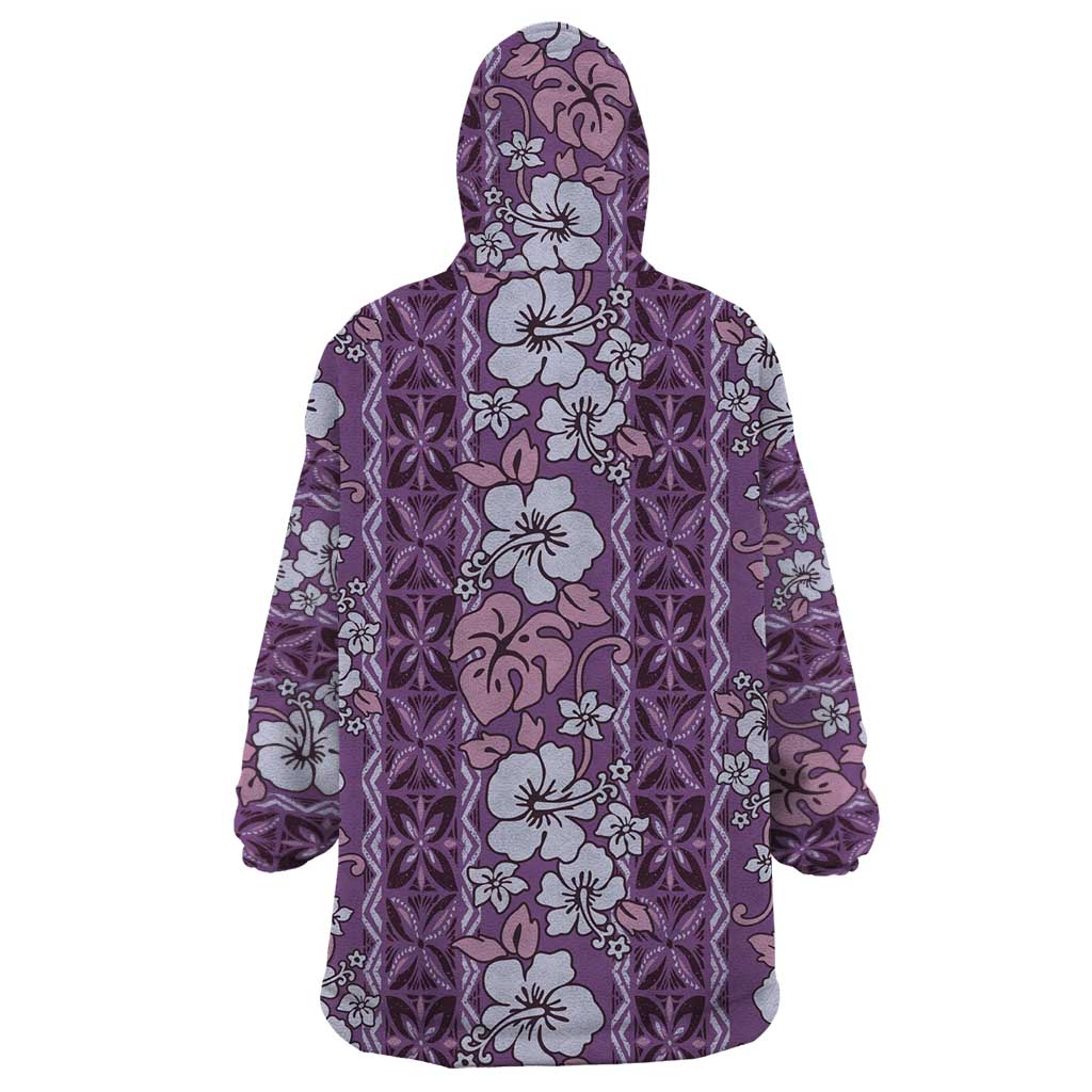 Hawaii Vintage Violet Hibiscus Tapa Pattern Wearable Blanket Hoodie
