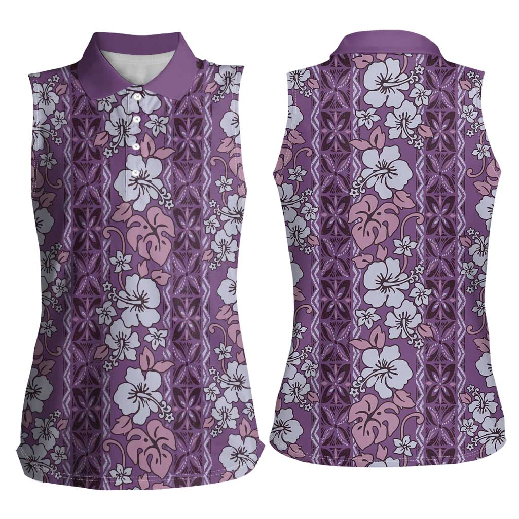 Hawaii Vintage Violet Hibiscus Tapa Pattern Women Sleeveless Polo Shirt LT05 - Polynesian Pride