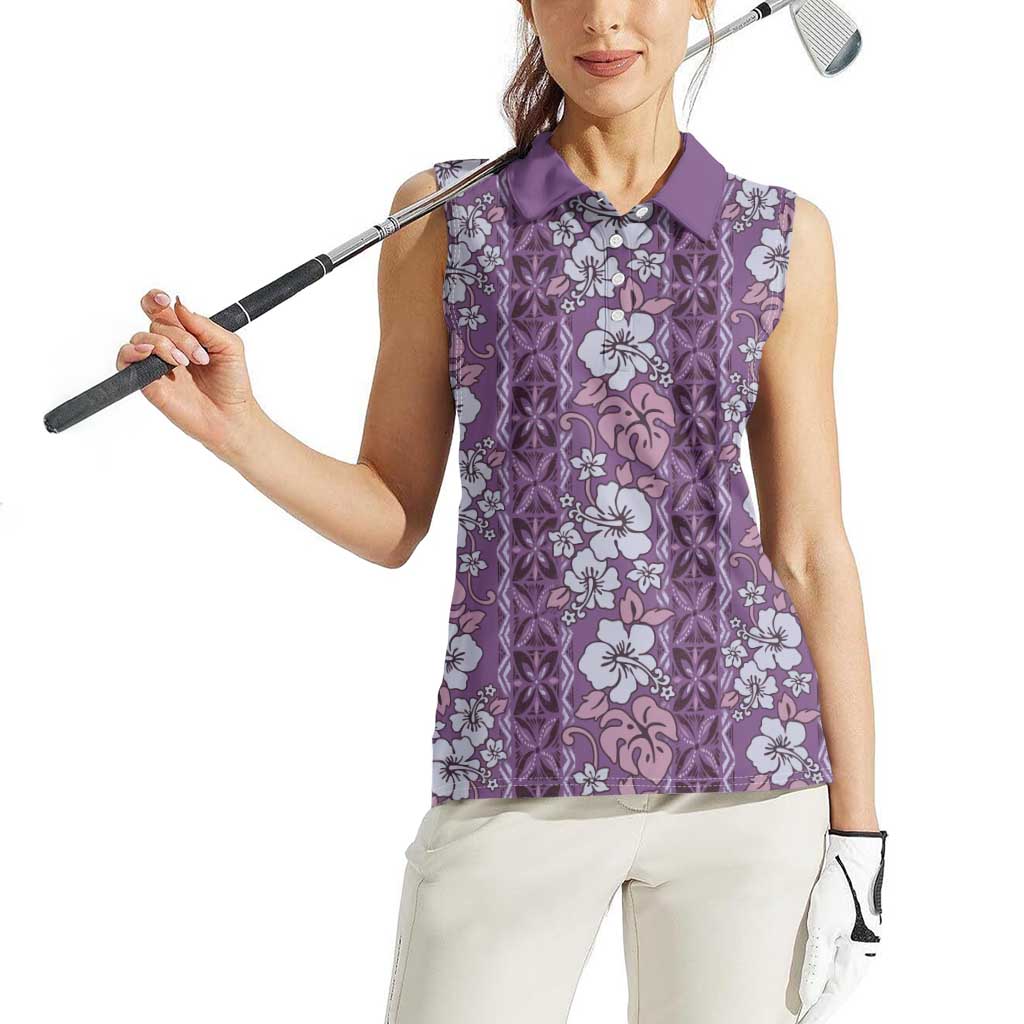 Hawaii Vintage Violet Hibiscus Tapa Pattern Women Sleeveless Polo Shirt LT05 - Polynesian Pride