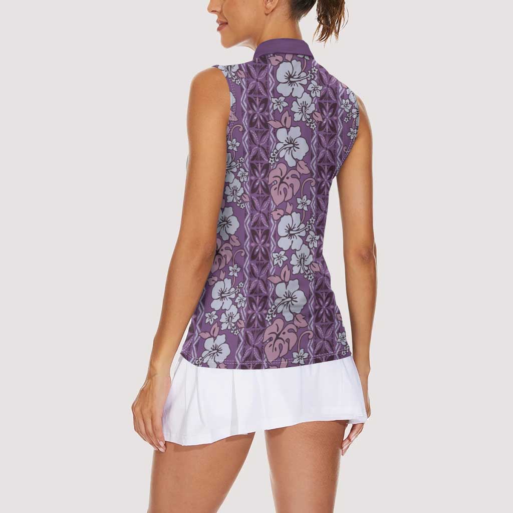 Hawaii Vintage Violet Hibiscus Tapa Pattern Women Sleeveless Polo Shirt LT05 - Polynesian Pride