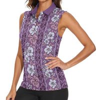 Hawaii Vintage Violet Hibiscus Tapa Pattern Women Sleeveless Polo Shirt LT05 - Polynesian Pride