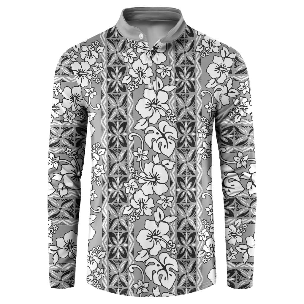 Hawaii Vintage Gray Hibiscus Tapa Pattern Button Sweatshirt