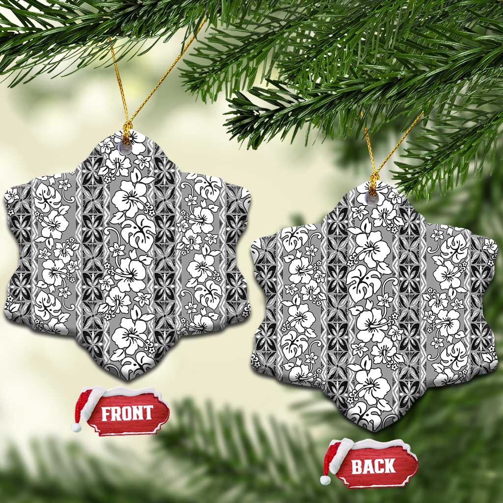 Hawaii Vintage Gray Hibiscus Tapa Pattern Ceramic Ornament