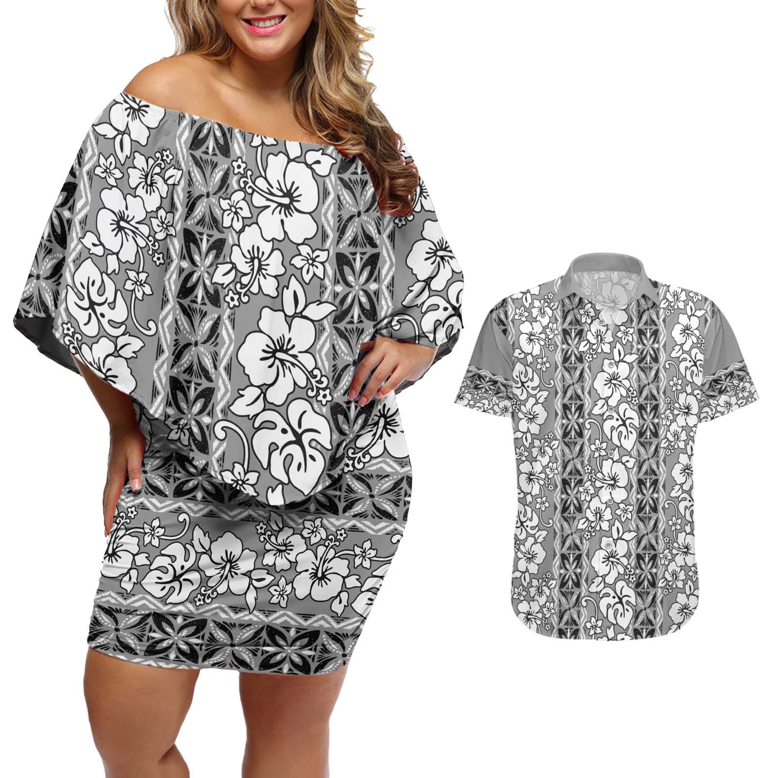 Hawaii Vintage Gray Hibiscus Tapa Pattern Couples Matching Off Shoulder Short Dress and Hawaiian Shirt