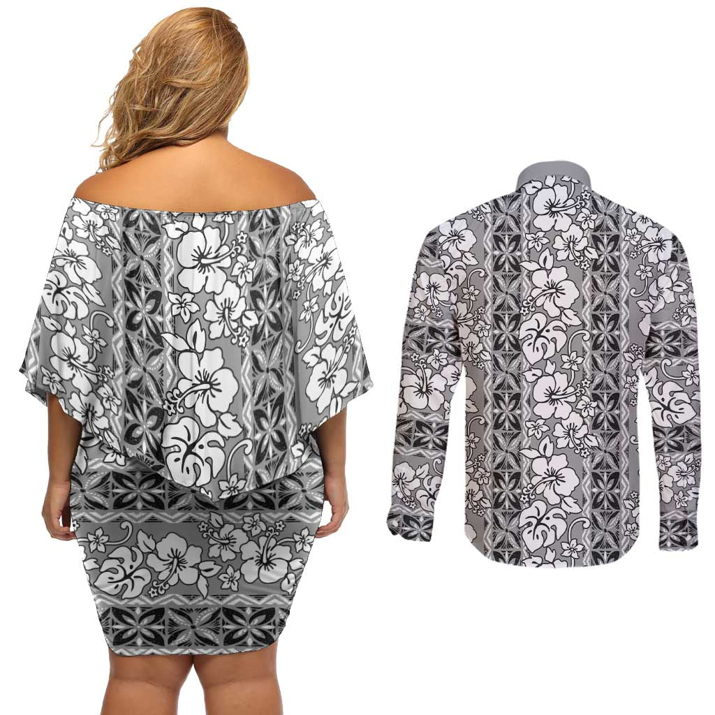 Hawaii Vintage Gray Hibiscus Tapa Pattern Couples Matching Off Shoulder Short Dress and Long Sleeve Button Shirt