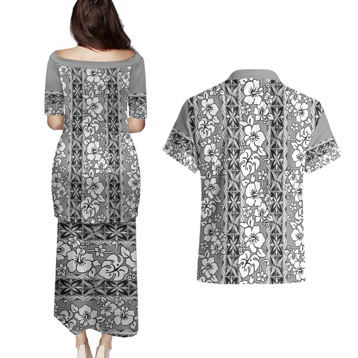 Hawaii Vintage Gray Hibiscus Tapa Pattern Couples Matching Puletasi and Hawaiian Shirt