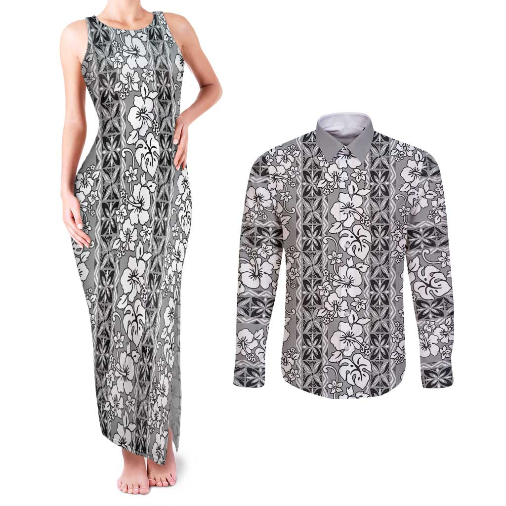 Hawaii Vintage Gray Hibiscus Tapa Pattern Couples Matching Tank Maxi Dress and Long Sleeve Button Shirt